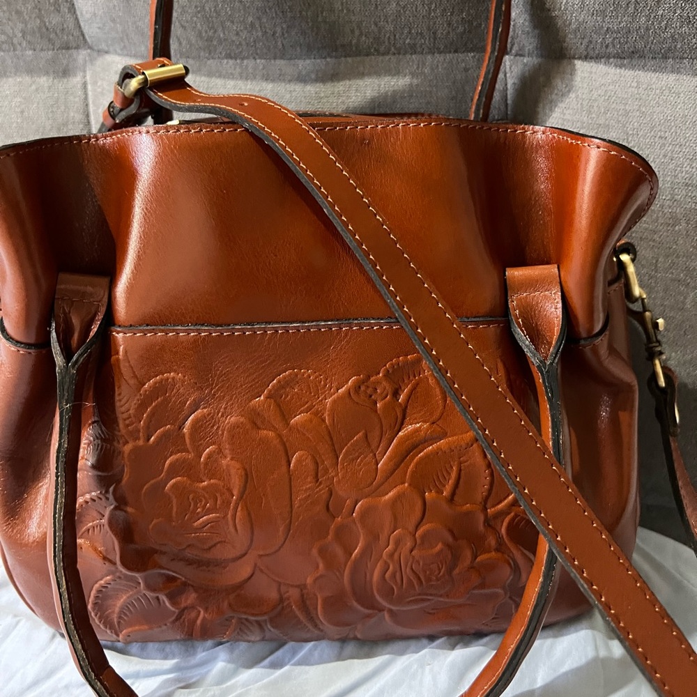 Beautiful Saddle Brown Floral Embossed Leather Patricia Nash Satchel